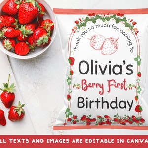 Strawberry First Birthday Party Chip Bag Template (PDF & Canva)