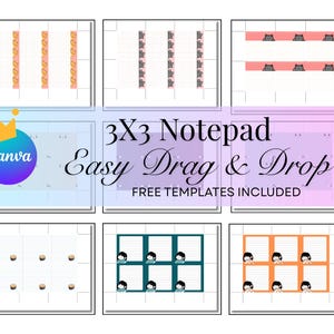 May include: A collection of nine digital notepad templates with various designs. The templates include pink, orange, and teal accents, with some featuring cat and character illustrations. The text "3x3 Notepad Easy Drag & Drop FREE TEMPLATES INCLUDED" is displayed.