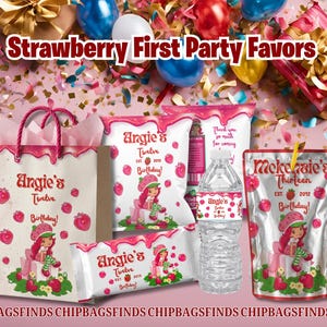 May include: Strawberry-themed party favors, including gift bags, chip bags, water bottle, and juice pouches. The favors feature a strawberry girl design and the text "Angie's Twelve Birthday!" and "Mckenzie's Thirteen Birthday!" on a pink background.