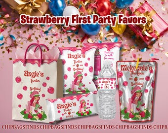 Set of 5 Melted Strawberry First Party Favors Editable in Canva