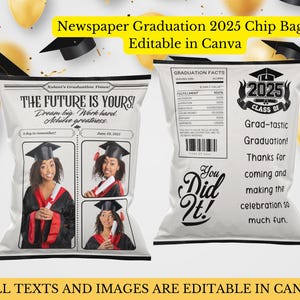 Newspaper Graduation Chip Bag- Editable Senior Graduate Party Decor, Personalized Treat Party Favors, Printable Editable in Canva