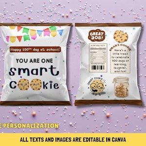May include: Two white cookie treat bags with brown tops, featuring the text "Happy 100th day at school!" and "You are one smart cookie." One bag says "Great Job!" and "Smart Cookie" with nutritional facts. The bags are on a purple background.