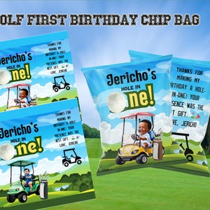 May include: A blue and white chip bag with a golf theme. The bag features a cartoon baby in a golf cart, a golf ball, and the text "Jericho's Hole in One!"