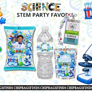 May include: A science-themed party favour set featuring a custom chip bag with a photo of a child, a water bottle with a matching label, a juice pouch, and a scientist ID badge. The design includes colourful illustrations of beakers, a microscope, and atoms.
