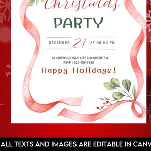 May include: A Christmas party invitation in red and white, featuring a watercolor ribbon design and festive elements. The invitation includes the text "Christmas Party," the date, time, and RSVP details. The bottom of the invitation reads "Happy Holidays!"