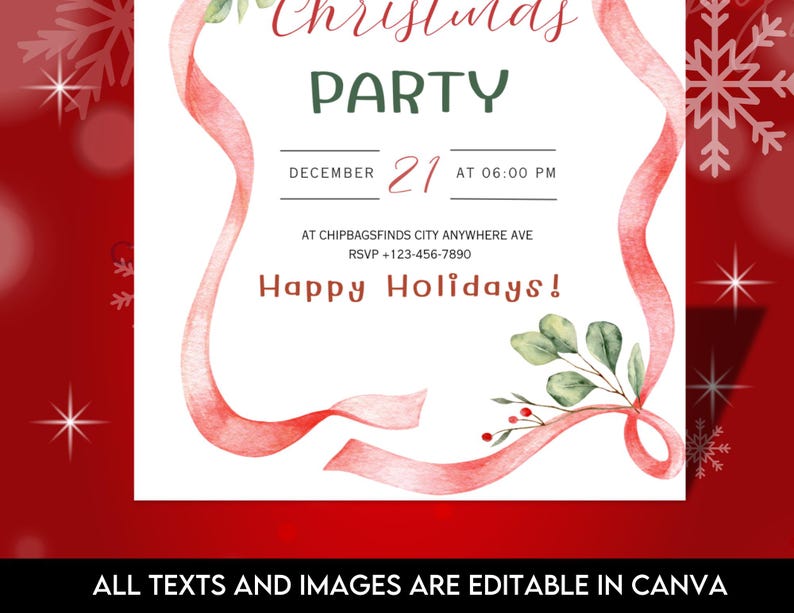 May include: A Christmas party invitation in red and white, featuring a watercolor ribbon design and festive elements. The invitation includes the text "Christmas Party," the date, time, and RSVP details. The bottom of the invitation reads "Happy Holidays!"