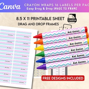 May include: A printable sheet with a pink and blue chevron pattern, labeled "Kat Gomez." The image also shows colorful crayon wraps with the same pattern and text. The text "Canva" and "8.5 x 11 Printable Sheet" are visible.