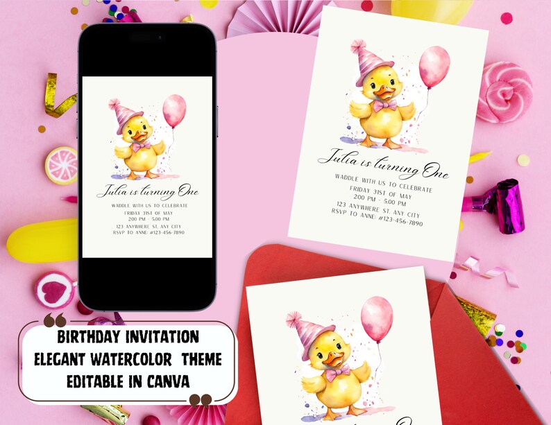 May include: A printable birthday invitation featuring a watercolor illustration of a yellow duck wearing a pink party hat and holding a pink balloon. The text "Julia is turning One" is at the top of the invitation. The invitation is editable in Canva.