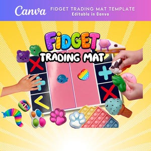May include: A Fidget Trading Mat template with the text FIDGET TRADING MAT, featuring a central rectangular board with pink and black sections, surrounded by various colorful silicone sensory toys including a rainbow caterpillar and ice cream.