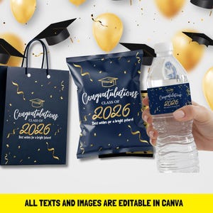 May include: A navy blue gift bag, a snack bag, and a water bottle with labels featuring gold graduation caps, confetti, and the text Congratulations Class of 2026 Best wishes for a bright future, set against a background of gold balloons.