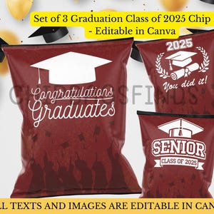 Set van 3 Graduation Class of 2025-chipzakjes bewerkbaar op canvas, gratis personalisatie