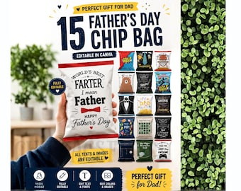 Set van 15 zakjes voor vaderdag-chips bewerkbaar in canvas