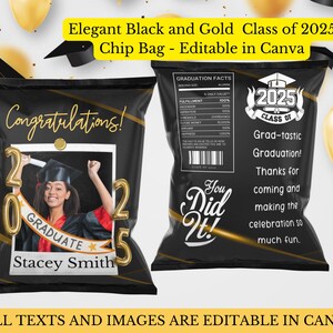 Sjabloon Elegante zwart-gouden klasse van 2025 chipzakjes bewerkbaar op canvas