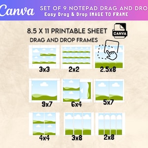 Pode incluir: Uma folha Canva imprimível com molduras de arrastar e soltar. O design inclui vários tamanhos de moldura, como 3x3, 2x2, 2.5x8, 9x7, 6x4, 5x7, 4x4, 3x8 e 2x8, em uma folha de 21,59 x 27,94 cm. O logotipo Canva é visível.
