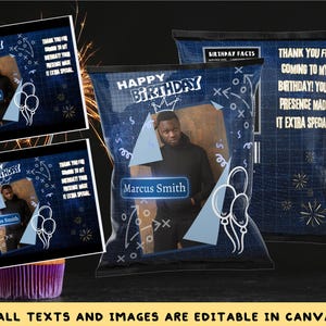 May include: Blue and white birthday party favor bags with a graphic of a basketball court and the text "Happy Birthday" and "Birthday Facts". The bags feature a photo of a person and the text "Thank you for coming to my birthday! Your presence made it extra special."