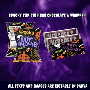 May include: Halloween-themed chip bags and Hershey's chocolate bars. The chip bags feature a black background with orange pumpkins, spiderwebs, and the text "Spooky Happy Halloween." The Hershey's bars have a Halloween-themed wrapper.