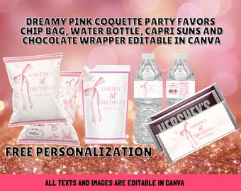 Pink Coquette Party Favors Template: Chip Bag, Water Bottle, + More (Canva Editable PDF File)