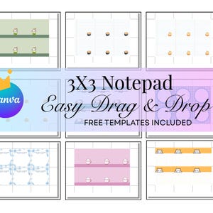May include: A digital design featuring a 3x3 notepad template with a Canva logo. The design includes the text "Easy Drag & Drop" and "Free Templates Included". The image showcases various notepad designs with different patterns and illustrations.