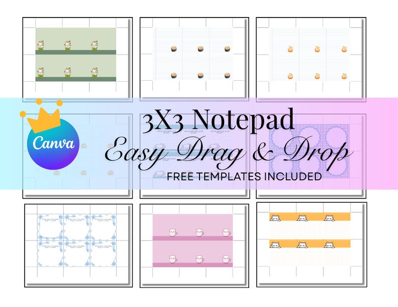 May include: A digital design featuring a 3x3 notepad template with a Canva logo. The design includes the text "Easy Drag & Drop" and "Free Templates Included". The image showcases various notepad designs with different patterns and illustrations.