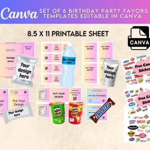 May include: A selection of printable birthday party favour templates, editable in Canva. The image features designs for packaging, water bottles, and candy stickers. The text includes "Your design here" and "Free Candy Stickers". The sheet size is 21.6 x 27.9 cm.