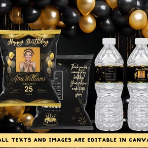 30e verjaardagsbedankjes Luxe zwart-goud met aangepaste foto sjabloonset voor verjaardagstaart en waterfles