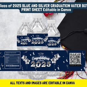 Elegante blauwe en zilveren graduatie-waterflessjabloon bewerkbaar in canvas