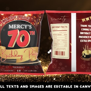 Modello elegante per sacchetto di patatine di compleanno rosso e oro per il 70° compleanno