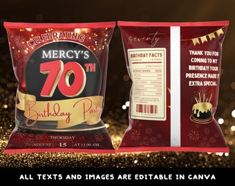 Puede incluir: Plantilla de bolsa de patatas fritas roja y dorada para una fiesta de cumpleaños de 70 años. La bolsa presenta el texto "Celebrating Mercy's 70th Birthday Party" y la fecha y hora de la fiesta. La parte posterior de la bolsa tiene una sección para datos de cumpleaños y un mensaje de agradecimiento.