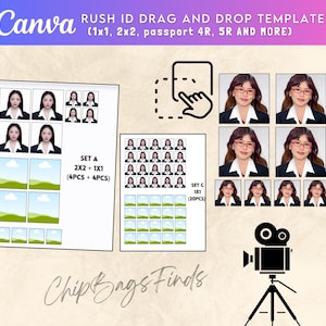 Op de afbeelding: Een Canva-sjabloon voor het maken van ID-foto's. De afbeelding toont voorbeelden van pasfoto's en andere ID-formaten, waaronder 1x1, 2x2 en paspoortformaten. Het ontwerp bevat een drag-and-drop-functie voor eenvoudige aanpassing.