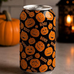 May include: A black aluminum beverage can featuring a repeating pattern of orange jack-o'-lanterns and the word BOO! printed in orange. The can has a silver top with a pull tab and a silver base, showcasing a festive Halloween-themed design.