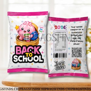 May include: A white snack bag with pink trim featuring a cartoon pink dumpling character holding books and a star. The front displays the text BACK TO SCHOOL. The back includes a 2026 label, a QR code, a barcode, and the text Learn more.