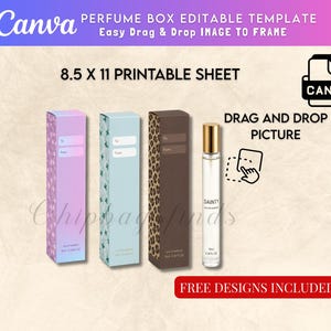 Può includere: Immagine di un modello di scatola di profumo con il logo Canva. Il design include tre scatole di profumo in rosa, blu e stampa leopardata, insieme a un flacone di profumo. Il testo sull'immagine include "8.5 x 11 Printable Sheet" e "Drag and Drop Picture."