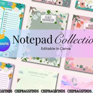 以下が含まれることがあります： 花柄と植物柄のデザインのノートパッドのコレクション。 ノートパッドには、毎日のプランナーや落書きページなど、さまざまなレイアウトがあります。 「Notepad Collection」と「Editable in Canva」の文字が見えます。 配色は、青、ピンク、緑の色合いを含みます。