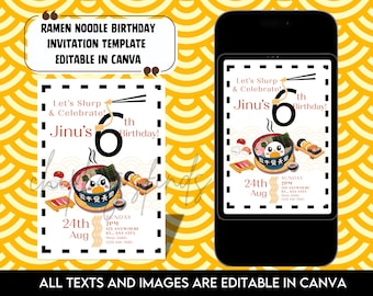Invitación a fiesta de ramen: plantilla de invitación de cumpleaños con fideos kawaii editable en Canva