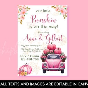 Einladung zur Babyparty mit rosa Kürbis-Truck: Bearbeitbares Herbstmotiv (Canva-Vorlage)