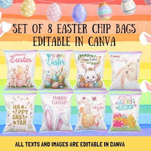8 påskharechipspåsar redigerbara i Canva Hoppfull påsk 2025
