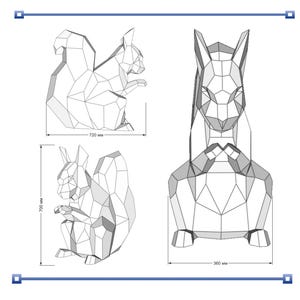 Puede incluir: Dibujos lineales de una ardilla geom&eacute;trica en tres vistas diferentes. La vista lateral mide 70 cm de alto y 72 cm de largo. La vista frontal mide 36 cm de ancho. La ardilla est&aacute; sentada.