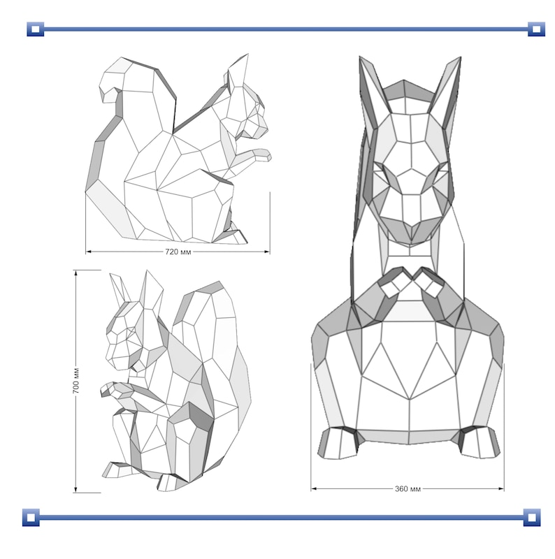 Puede incluir: Dibujos lineales de una ardilla geom&eacute;trica en tres vistas diferentes. La vista lateral mide 70 cm de alto y 72 cm de largo. La vista frontal mide 36 cm de ancho. La ardilla est&aacute; sentada.