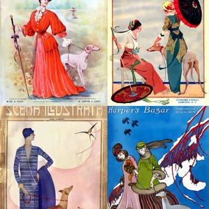 Portadas de revistas vintage: juego de 4 tarjetas artísticas de damas y galgos