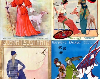 Portadas de revistas vintage: juego de 4 tarjetas artísticas de damas y galgos