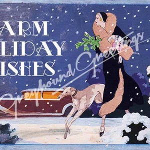 Vintage Altered Art Greyhound und Lady Warm Holiday Wishes Cards - Set / 4 mit Umschlägen