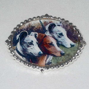 Three Dogs Brooch Pin Vintage Reproduction Greyhound Whippet, choose Gold or Silver plated setting