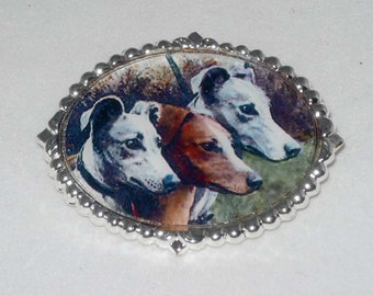 Three Dogs Brooch Pin Vintage Reproduction Greyhound Whippet, choose Gold or Silver plated setting