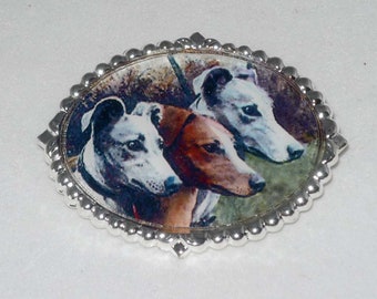 Broche Three Dogs Reprodução Vintage Greyhound Whippet, escolha a configuração banhada a ouro ou prata
