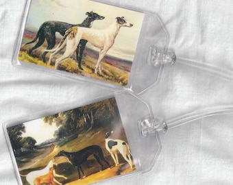 Set of 2 Greyhound Luggage Tags - Vintage Altered Art Greyhounds or Whippets