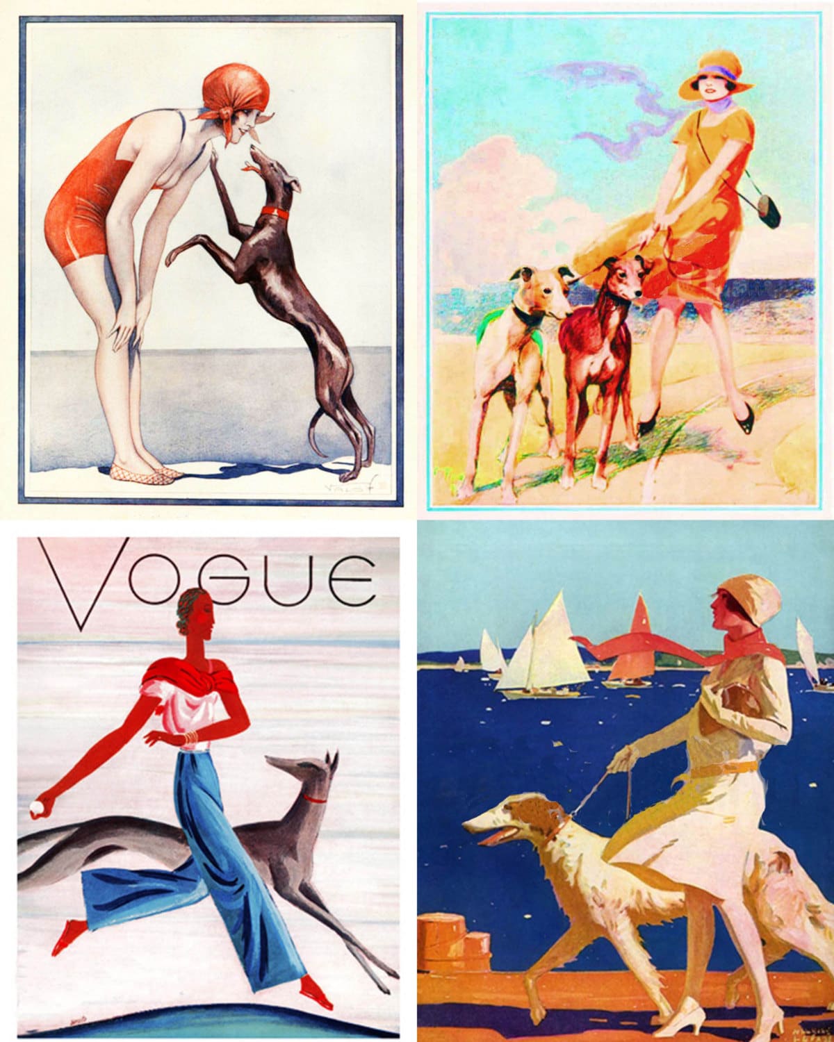 Vintage Beach Greyhound Dogs Art Notecards Set of 4 w/envelopes