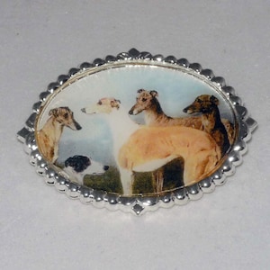 Altered Vintage Art Brooch Pin Five Greyhounds, Choose Gold or Silver Plated Setting