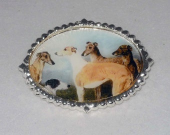 Altered Vintage Art Brooch Pin Five Greyhounds, Choose Gold or Silver Plated Setting