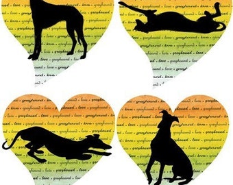 Può includere: Quattro disegni a forma di cuore con uno sfondo ad acquerello in tonalità di giallo, arancione e verde. Ogni cuore presenta una silhouette nera di un levriero in una posa diversa. Il testo "love greyhound" è ripetuto su tutto lo sfondo.