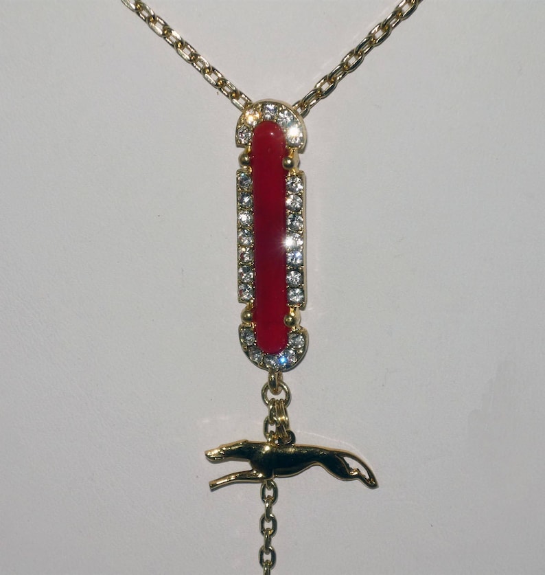 Artglass Spoon Pendant Necklace w Gold Plated Running Greyhound Dog or Whippet